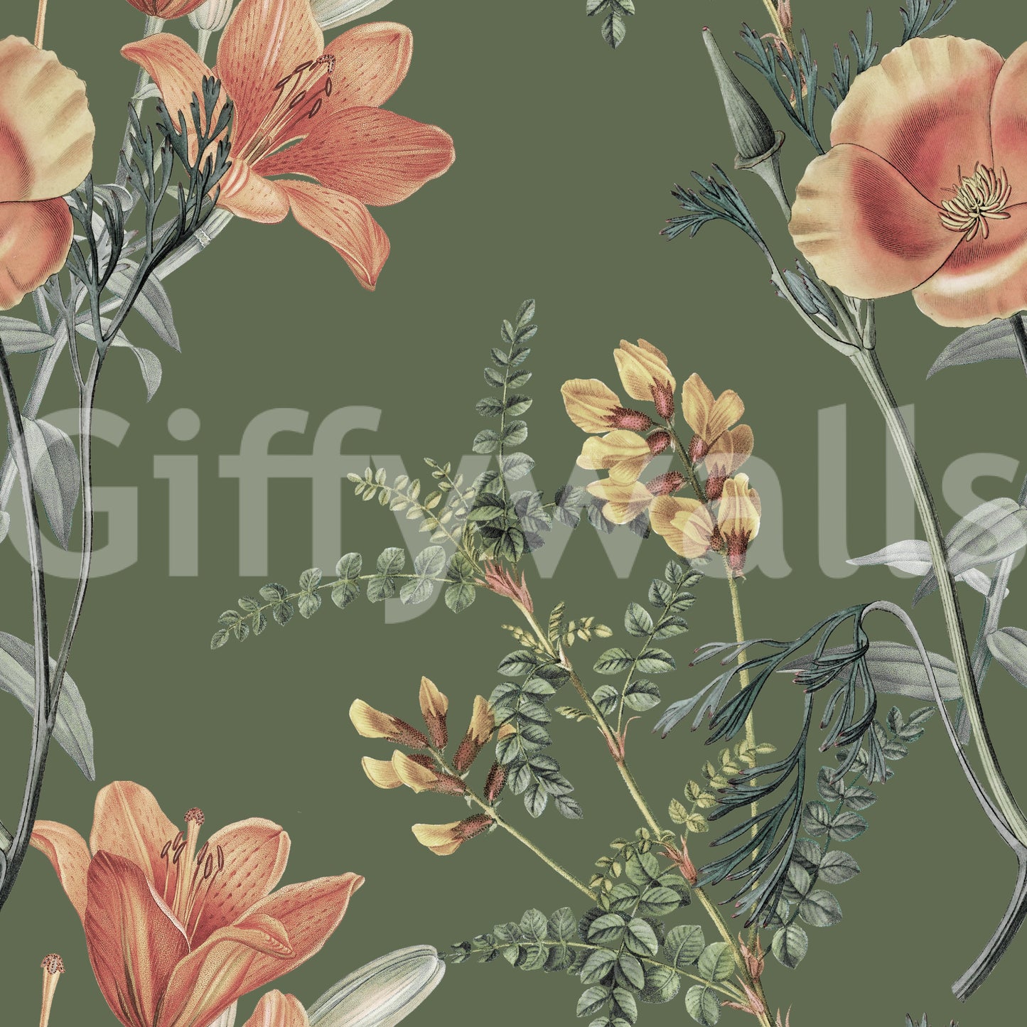 Traditionelle Blumen auf Olivenzweig Tapete