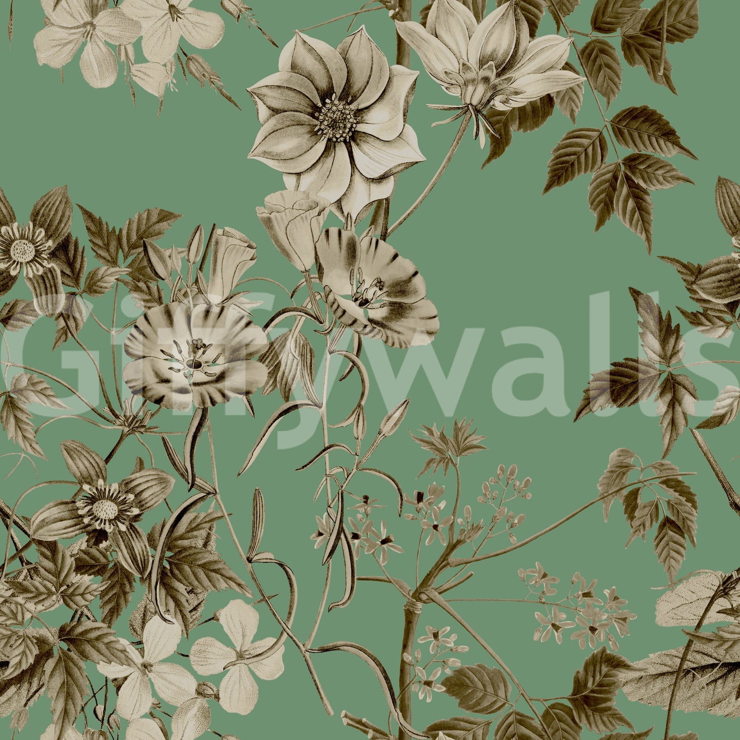 Élégance botanique en tons sépia et jade. Papier peint