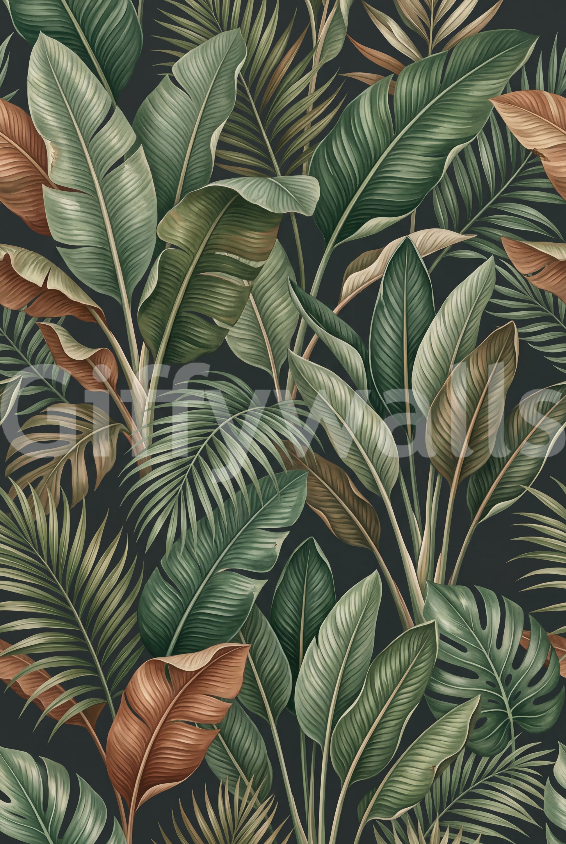 Dense foliage mural showing Tropical leaf textures and contrast