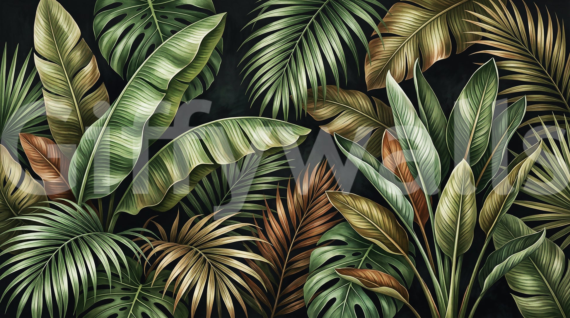 Custom-size botanical wall mural with palms, banana leaves, and depth