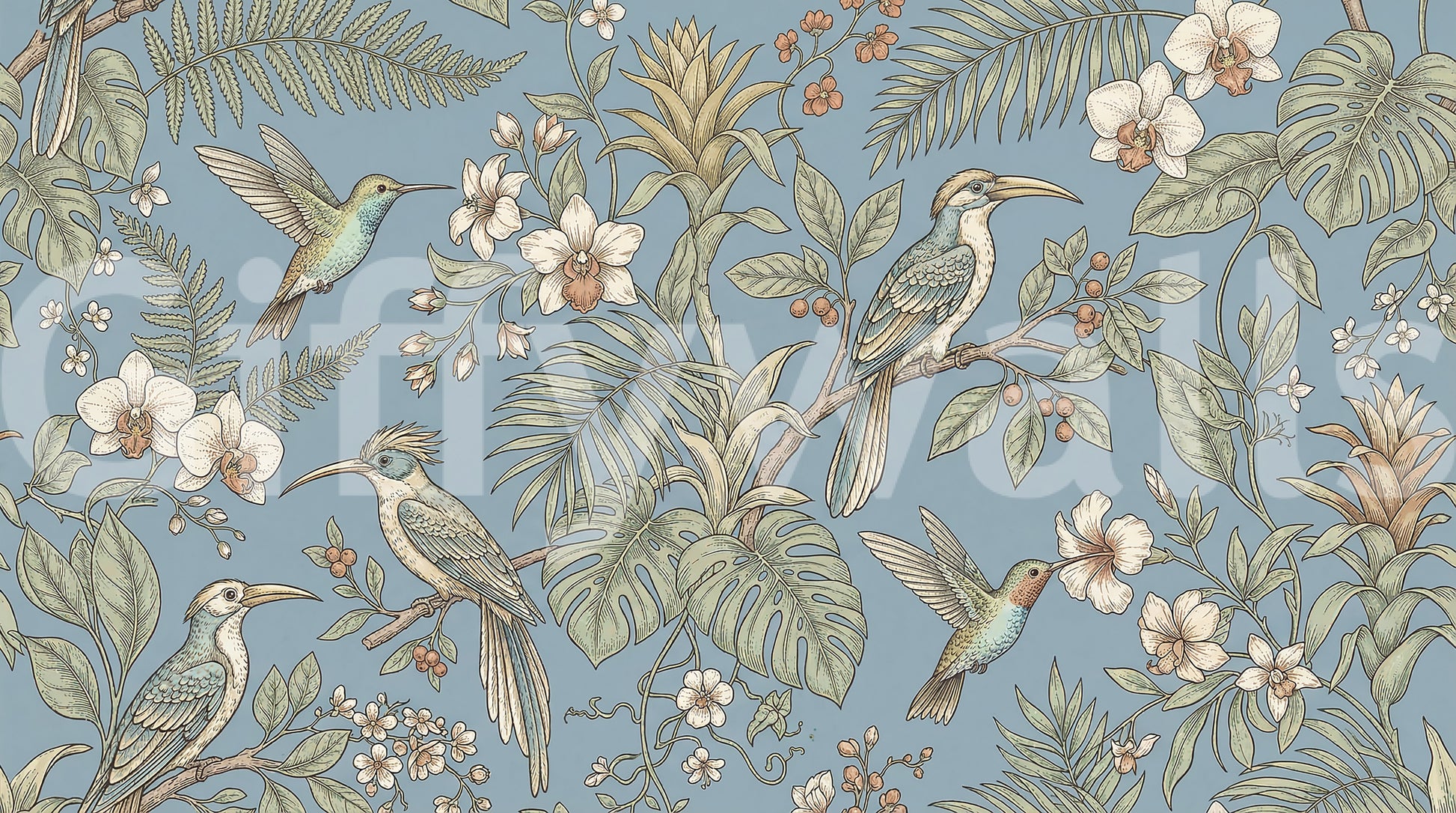 Tropical aviary mural with soft blue background and leafy detail
