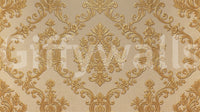 Vintage floral mural with gold detailing on textured beige base