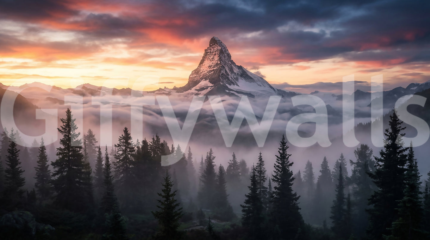 Mountain Majesty at Sunset wall mural featuring a sharp summit and warm sky