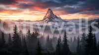 Scenic alpine wall mural with a dramatic peak and soft valley haze
