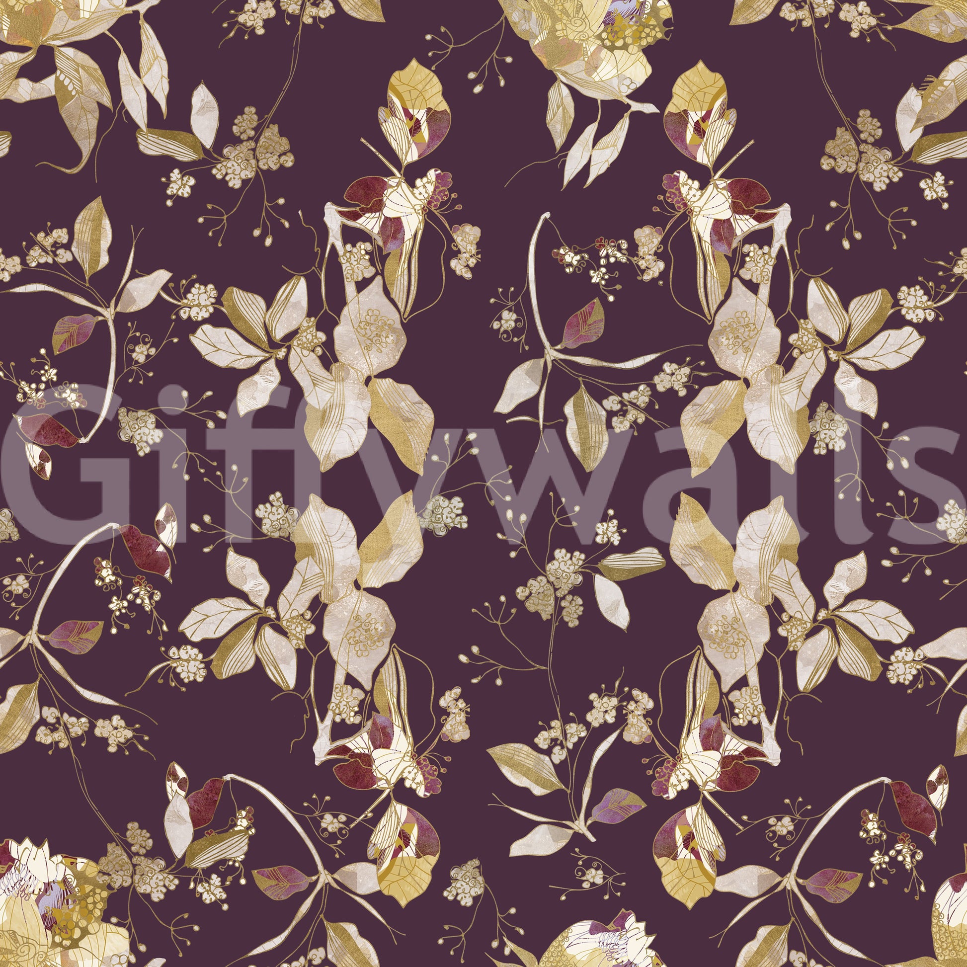Soft botanical trails define this plum wallpaper with balanced detail