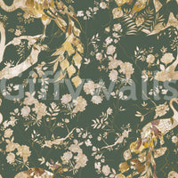Olive green vintage wallpaper with peacock artwork and soft floral accents