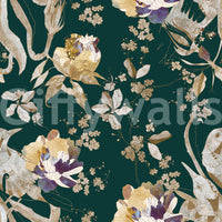 Soft floral clusters balance the deep tones in this Navy Bird Wallpaper