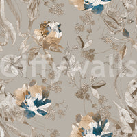 Soft taupe floral wallpaper rendered in a vintage, journal-style finish