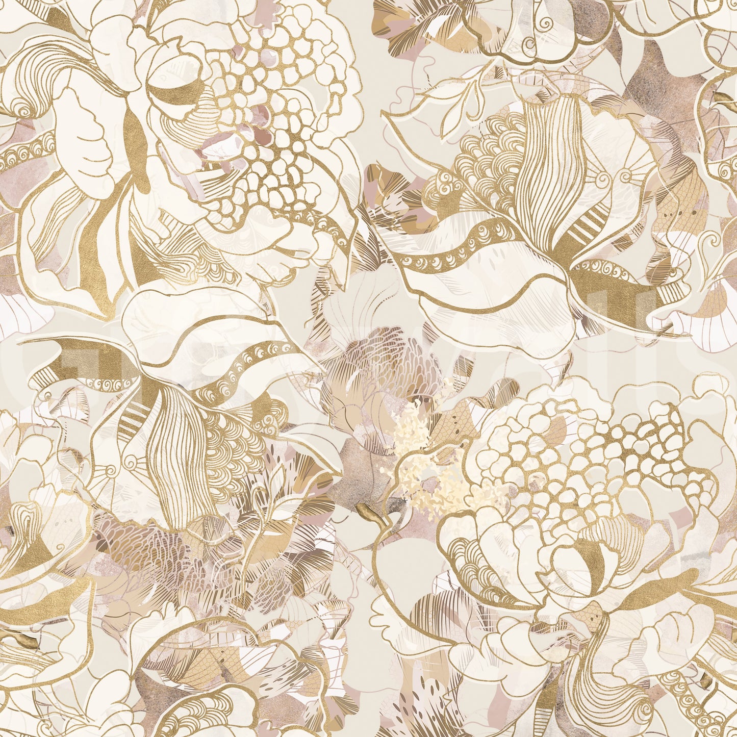 Warm beige base holds golden petal outlines across Blush Peony wallpaper.