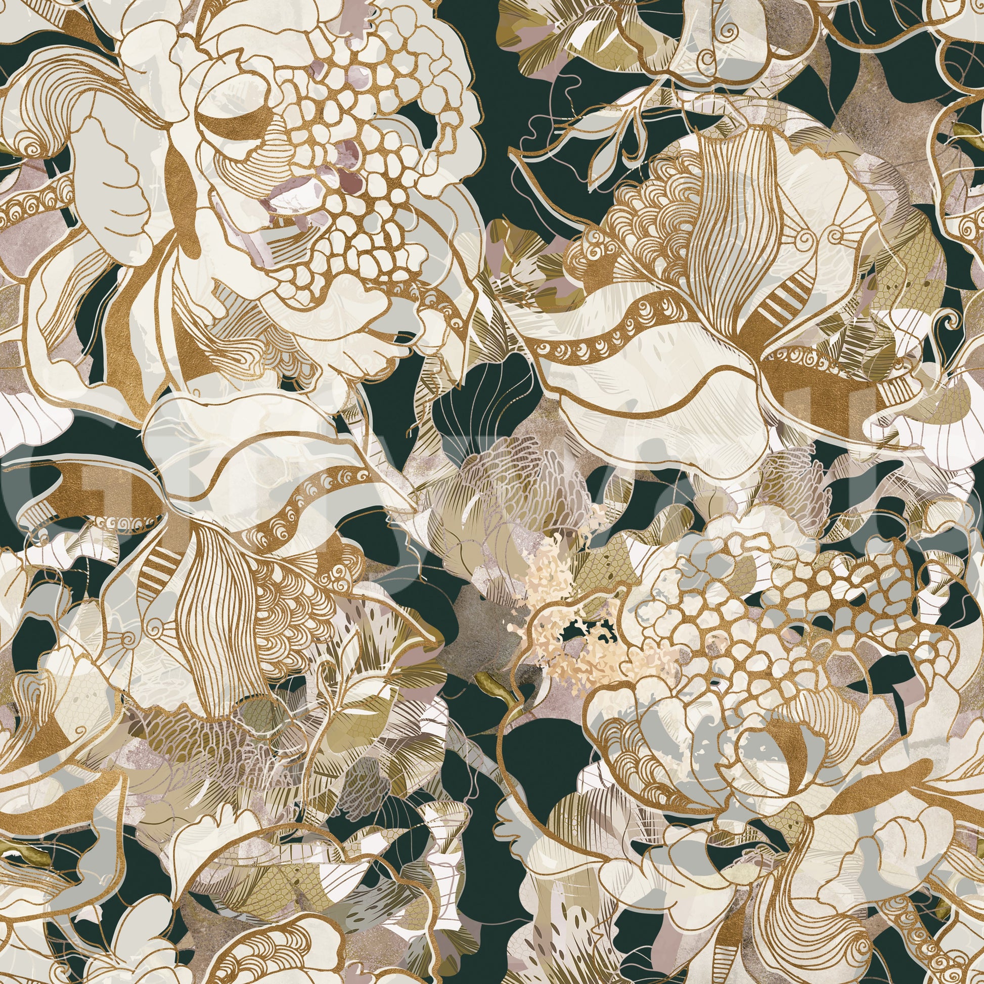 Artistic dark floral wallpaper with large peonies and linework pattern