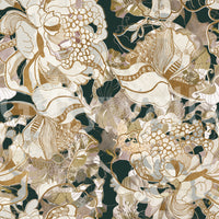 Artistic dark floral wallpaper with large peonies and linework pattern