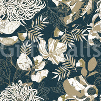Botanical teal wallpaper with cream blooms and decorative movement