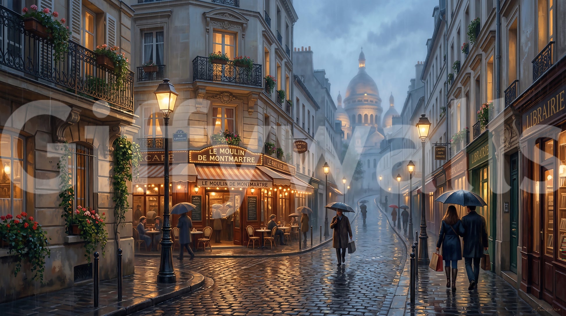 Umbrellas and pedestrians add quiet motion to Montmartre Glow wall mural.