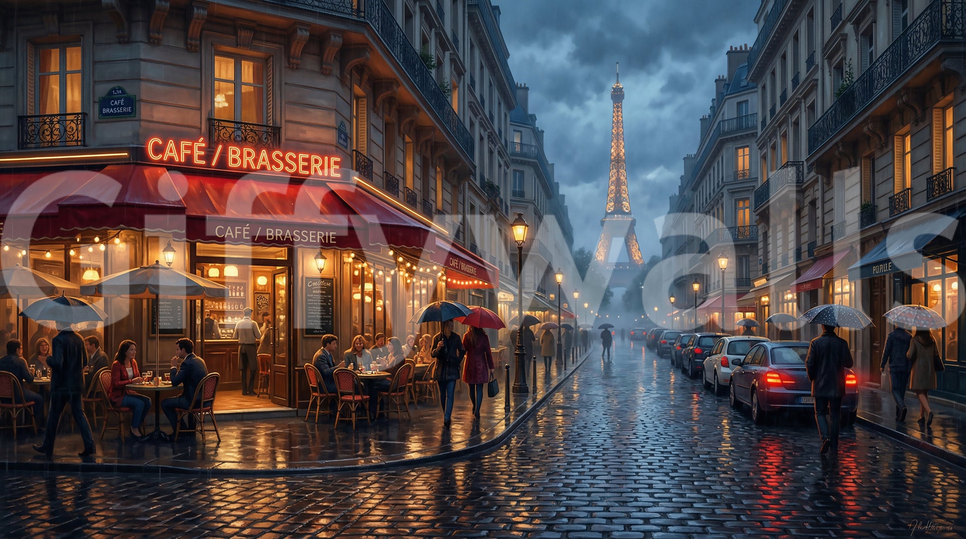 Moody Paris street wall mural rendered in deep blue and warm amber tones