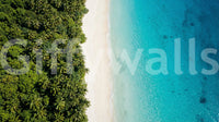 Aerial island wall mural rendered in calm greens, soft aqua, and warm sand tones