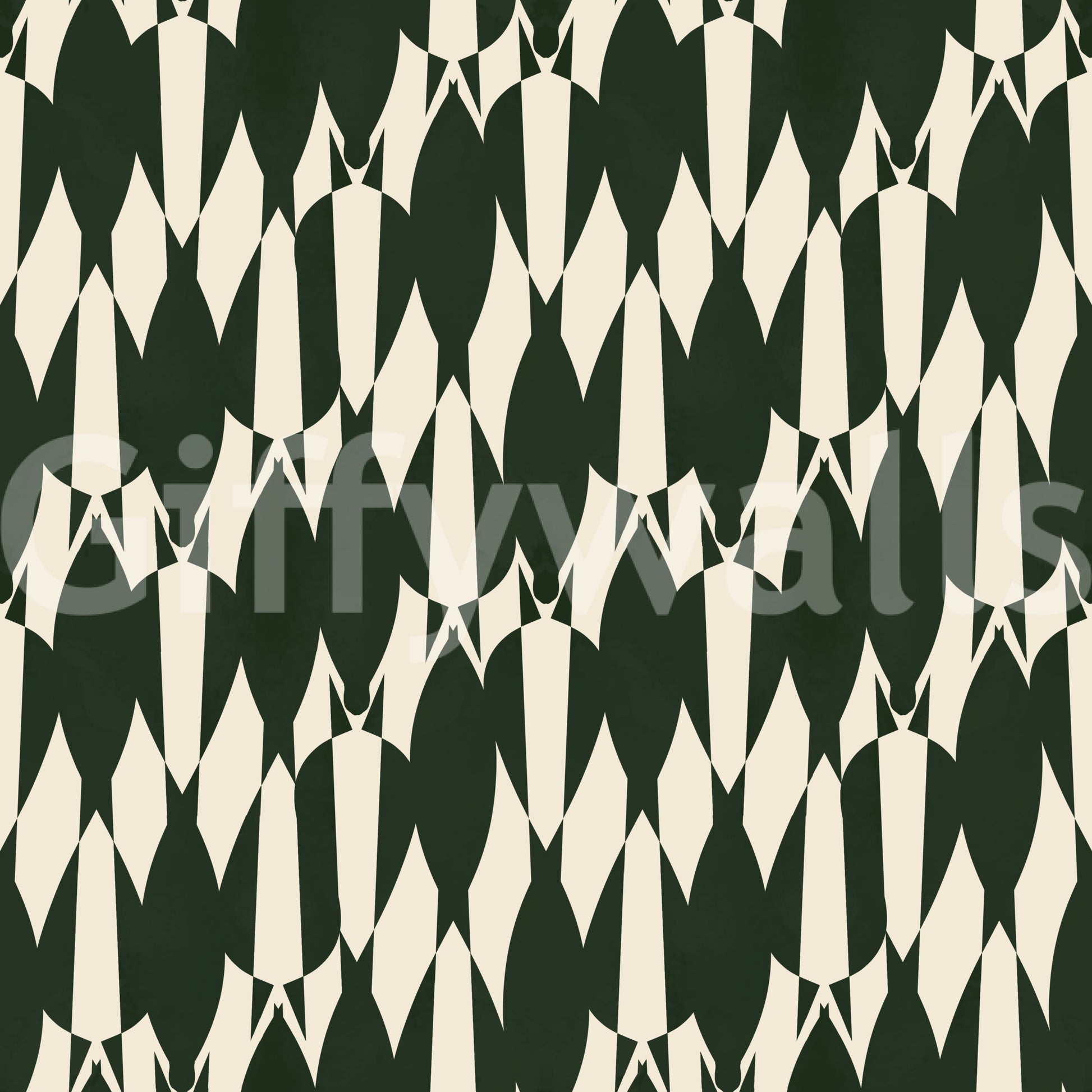 Negative cream space frames forest green pointed crests on this wallpaper composition