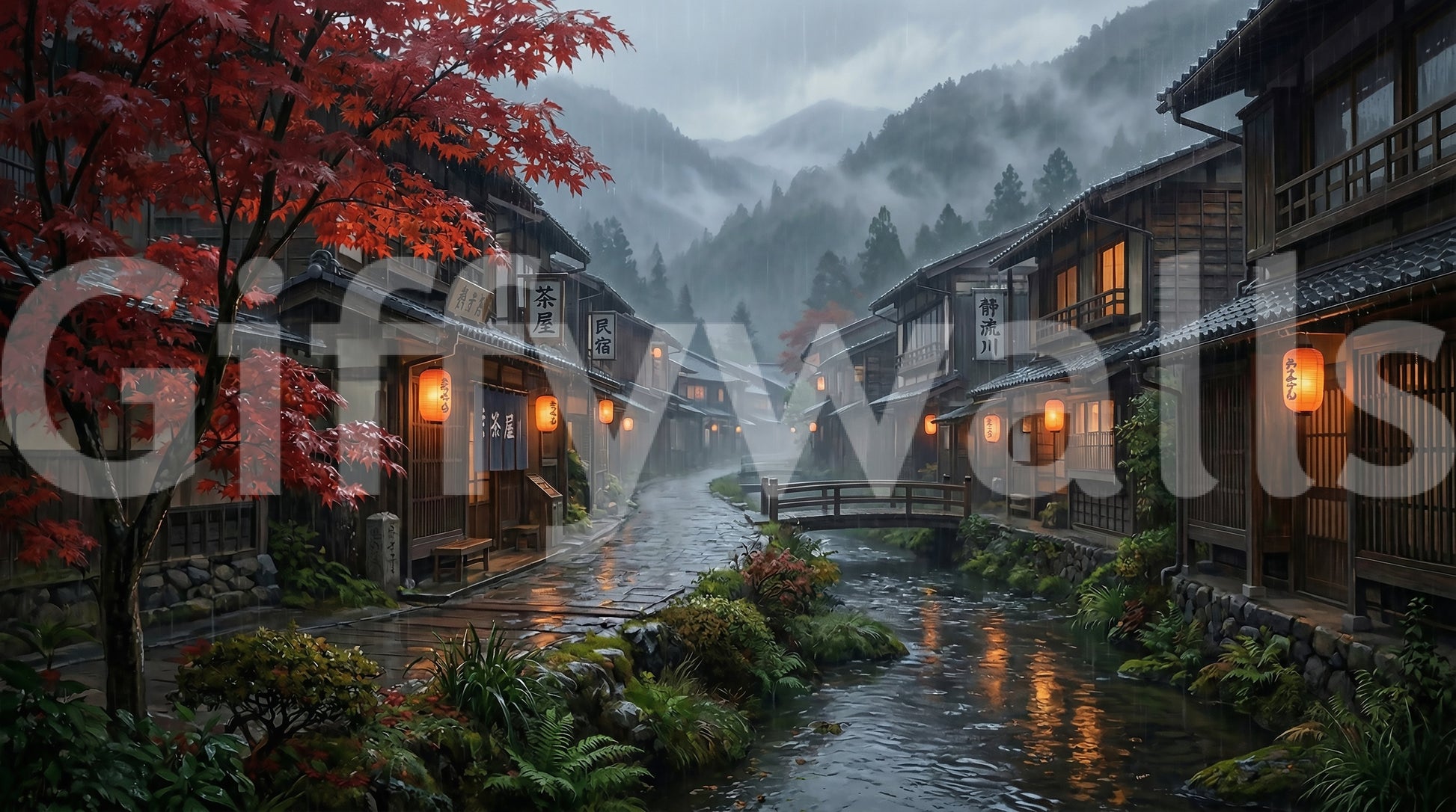 Bridge and flowing stream detail in the crimson rain Japan wall mural