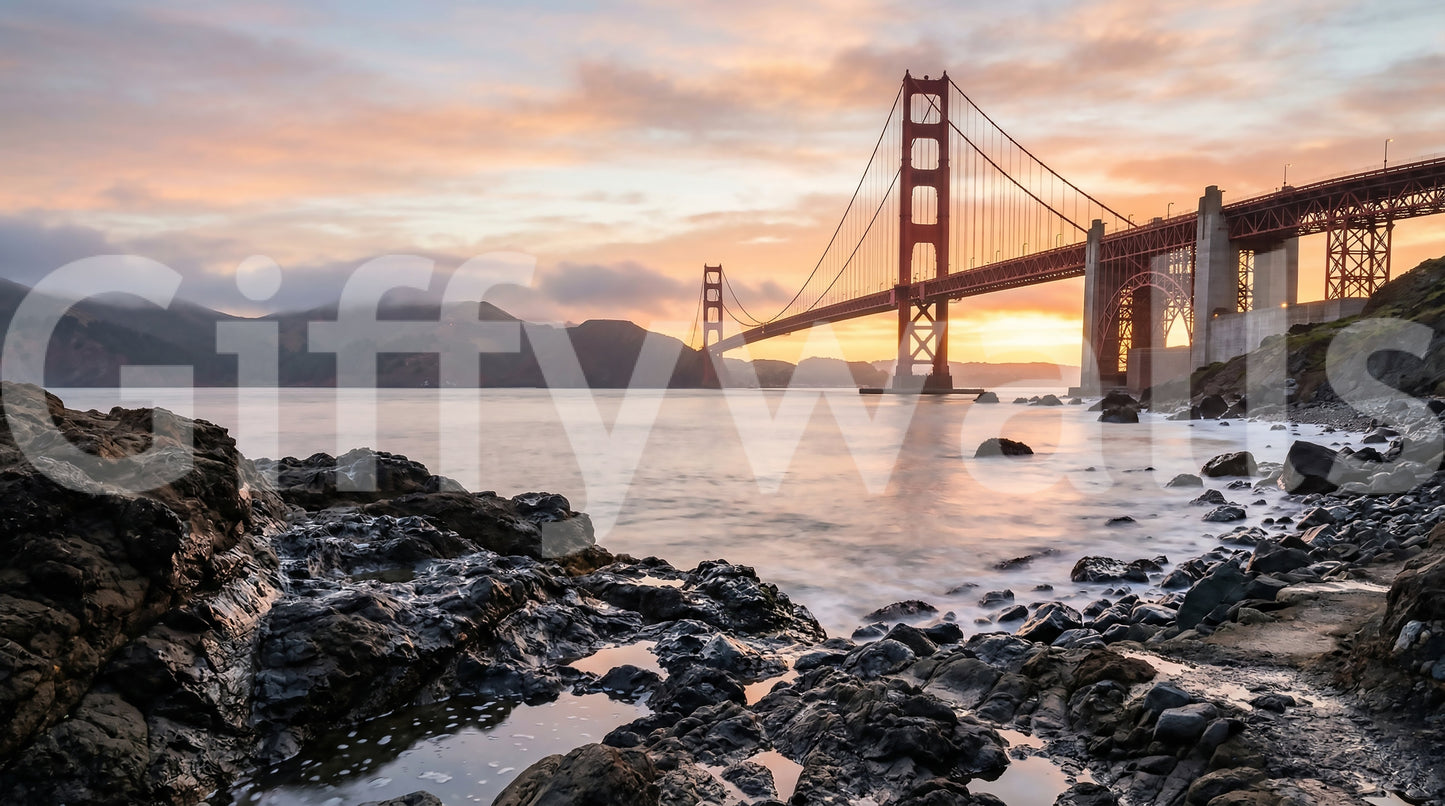 Rugged rocky shoreline anchors the lower edge of the scenic wall mural