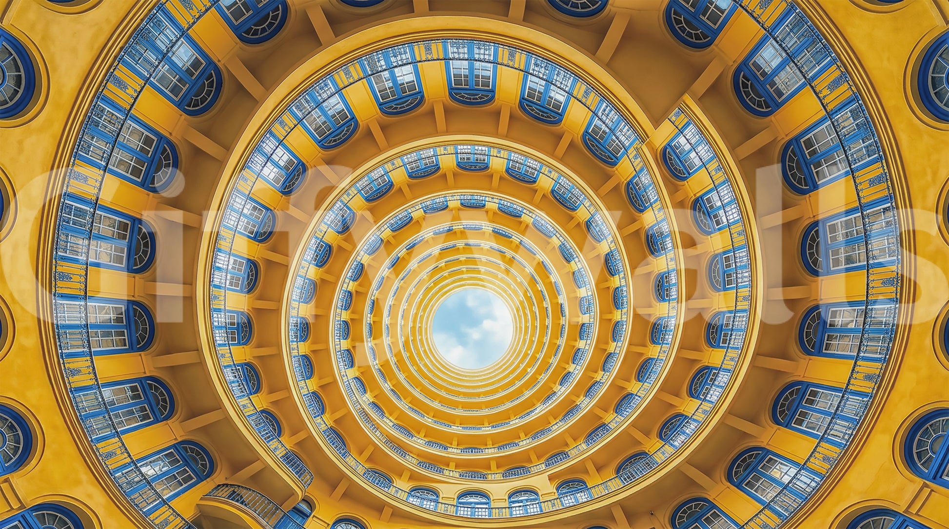 Ring upon ring of arched blue windows in the golden perspective wall mural
