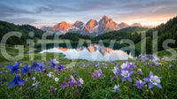 Sunset glow on mountain ridges shown in the alpine reflection wall mural