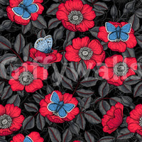 Repeating dog rose and butterfly motif over inked charcoal foliage wallpaper