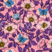 Open golden centres punctuate the pink and purple dog rose butterfly wallpaper