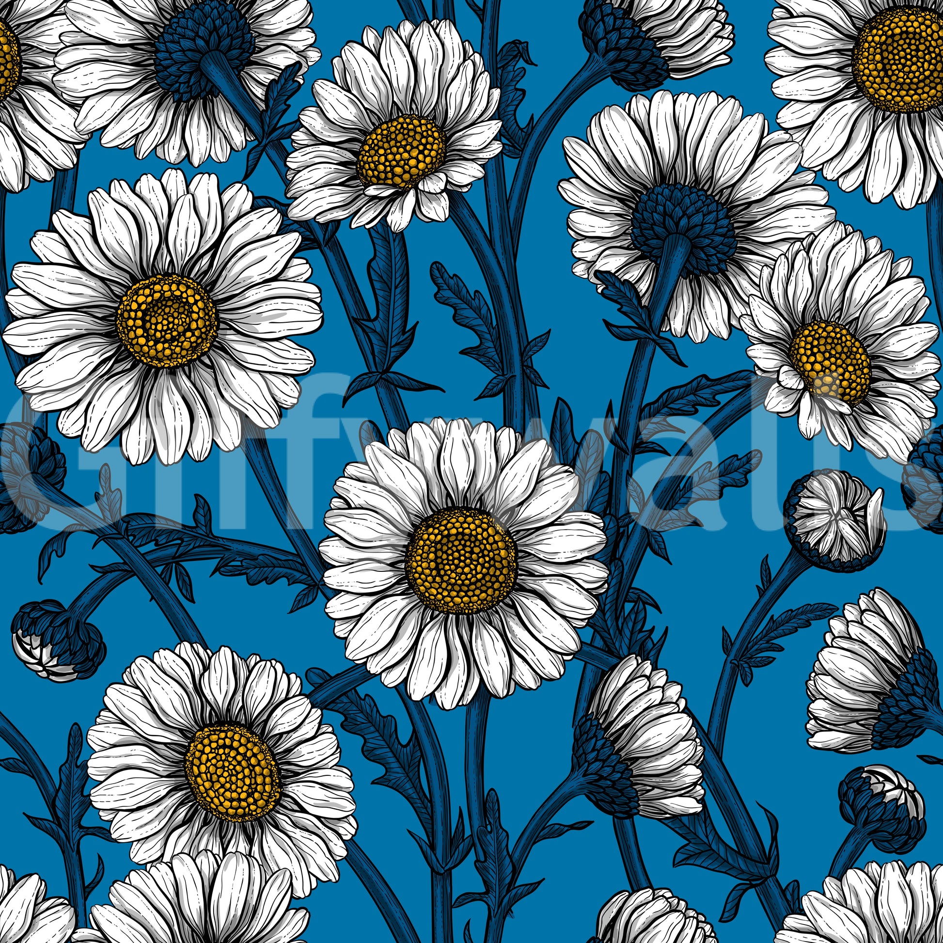 The Daisies on blue Wallpaper features a deeply saturated azure background.