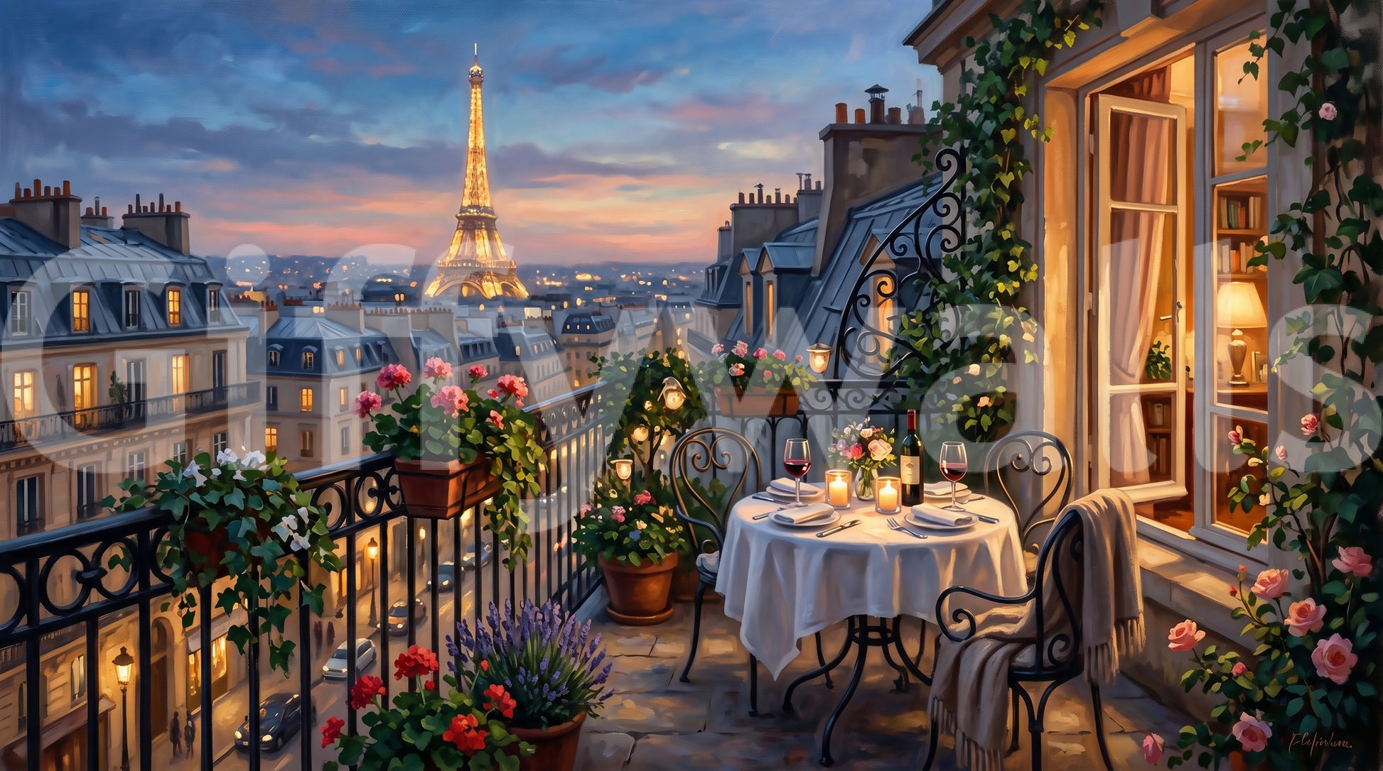 Dusk pinks and gold fill the sky in the Parisian Balcony Romance wall mural.