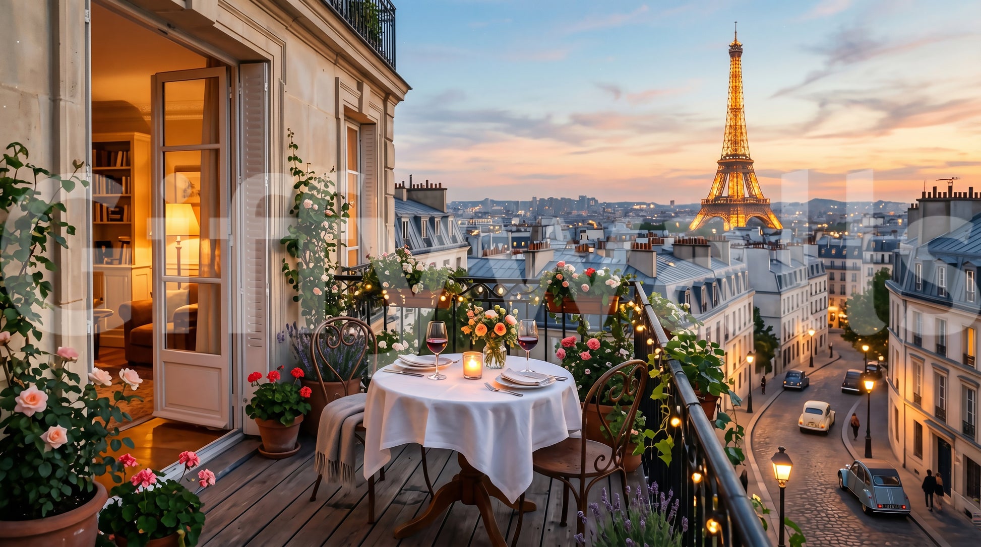 Below the railing, cobblestone streets curve through the Parisian Sunset wall mural.