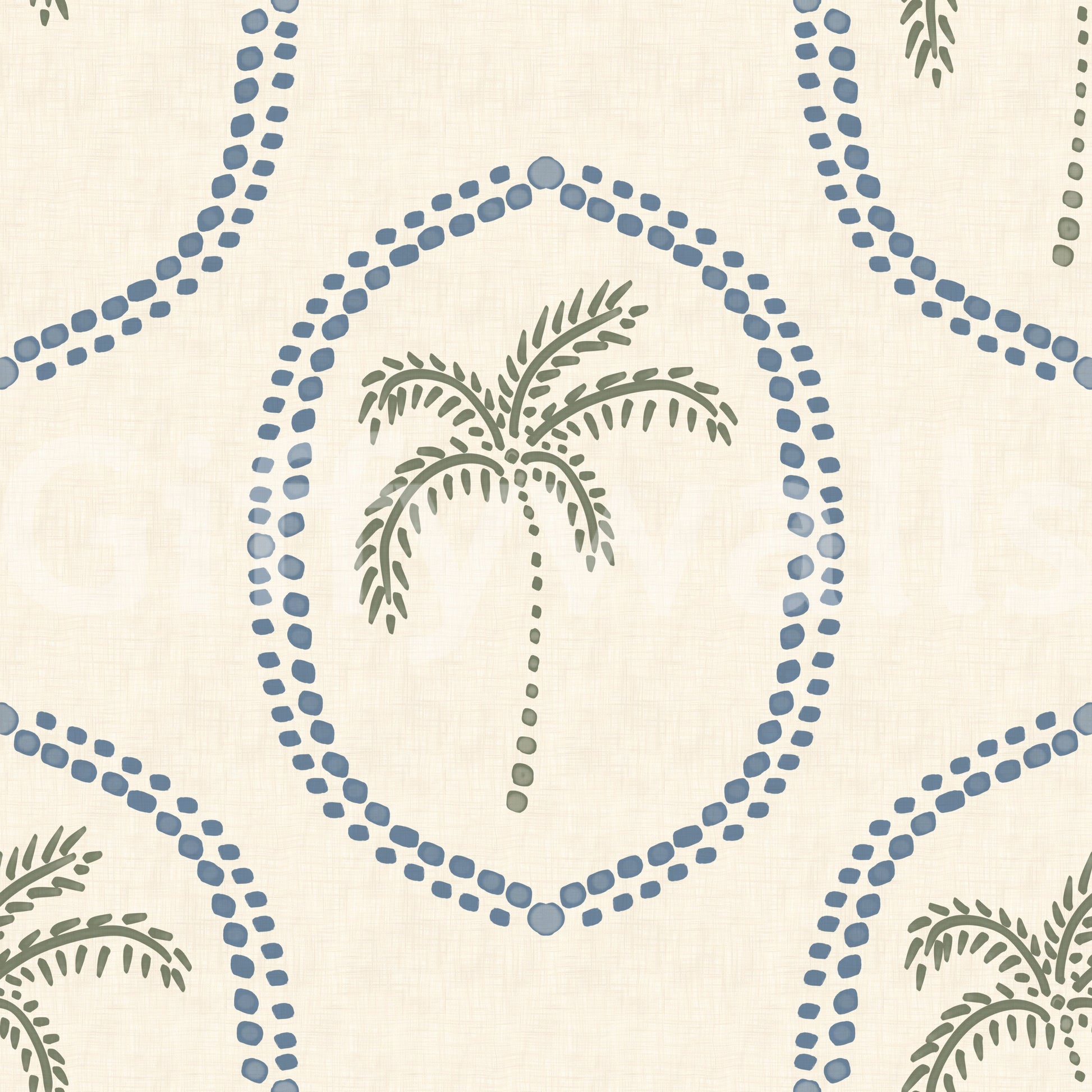 Cool blue and gentle olive meet on the Beachy Boho Palm wallpaper