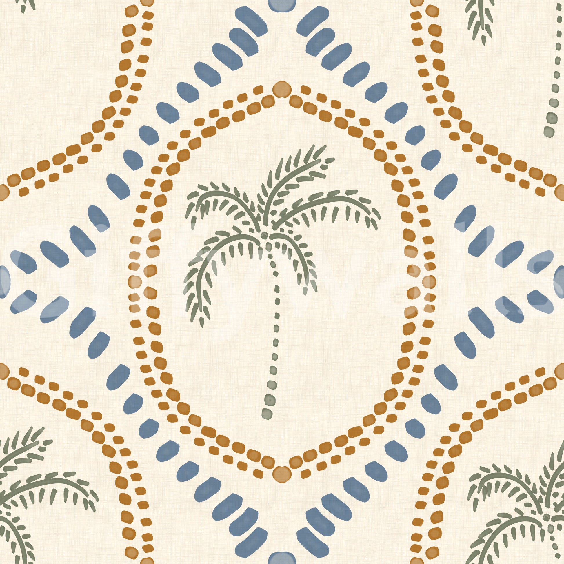 Geometric elements within the Beachy Boho Palm Oasis Golden & Slate Blue Wallpaper.