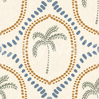 Geometric elements within the Beachy Boho Palm Oasis Golden & Slate Blue Wallpaper.