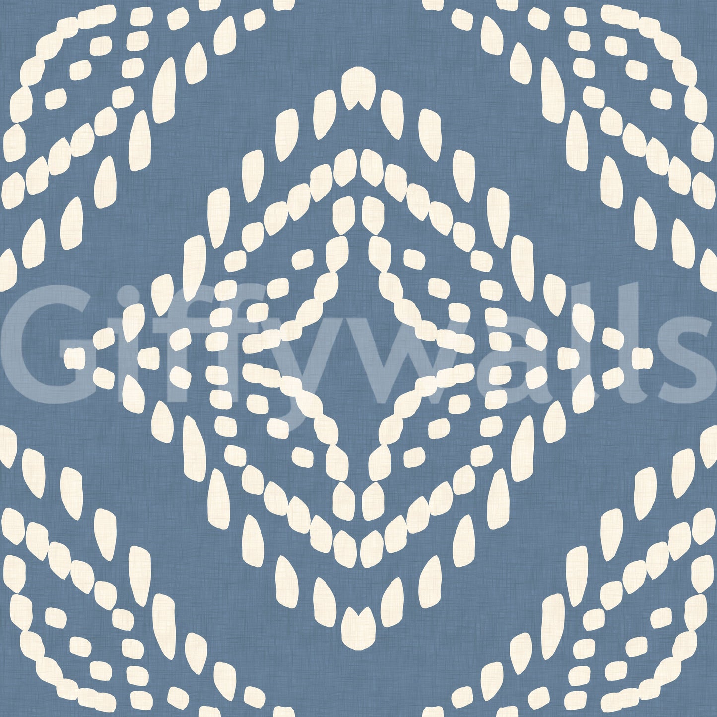 A deep slate blue ground makes the cream block print wallpaper read crisp and bold