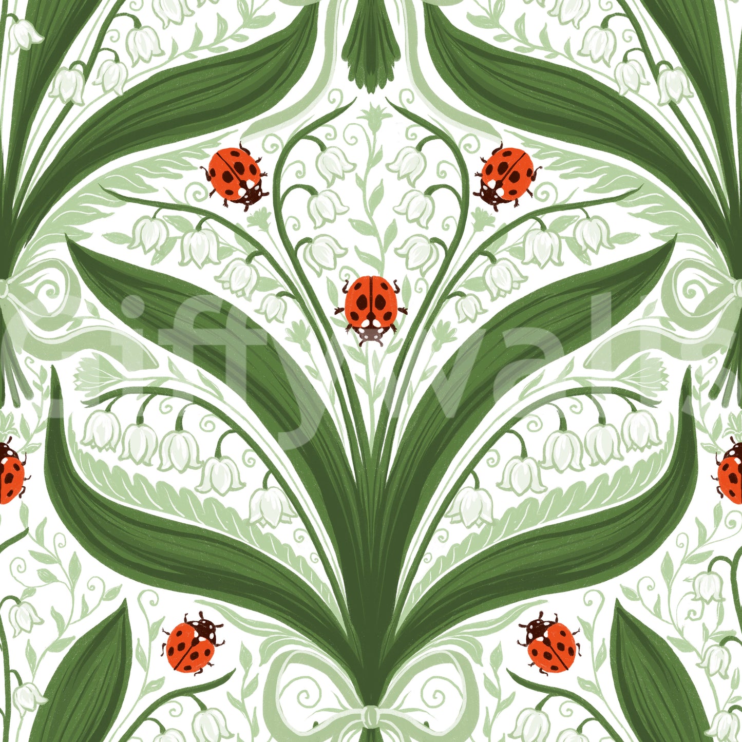 Papel de parede simétrico com lírio-do-vale e joaninhas em verde, branco e vermelho