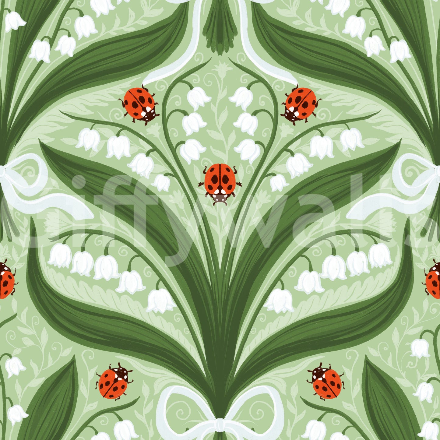 Lírio-do-vale e joaninhas simetria em verde, branco e vermelho 2 Papel de parede⁠