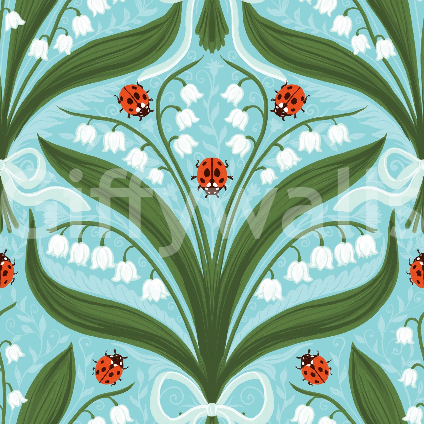 Symétrie de muguet et coccinelles en vert, blanc et rouge 3 Papier peint⁠