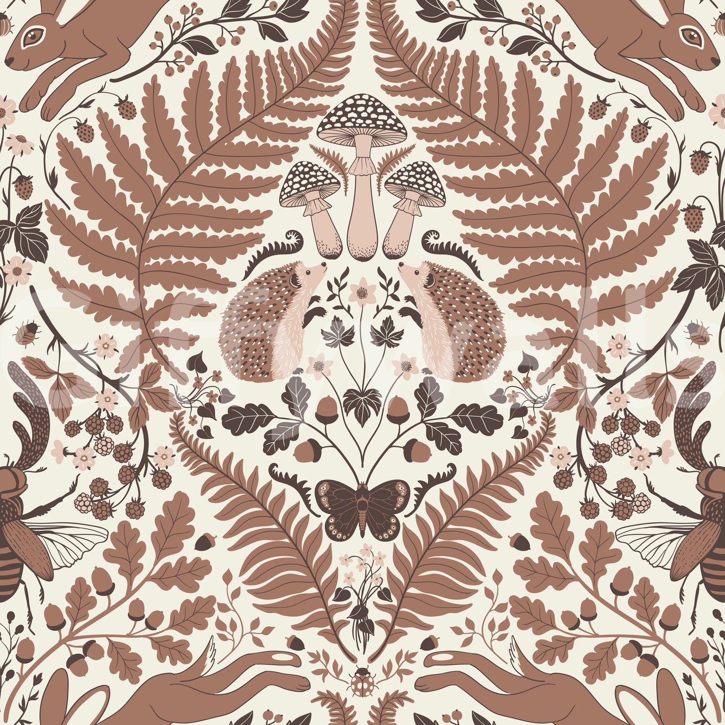 Woodland Whispers/Owls and Squirrels in the Oak/mocha mousse brown and arona blue Wallpaper⁠