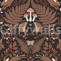 Curling ferns and oak leaves frame the creatures in this brown wallpaper