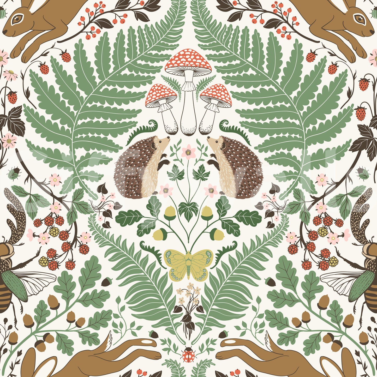 Woodland animals and plants in sage and ochre Wallpaper⁠