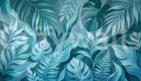 Sweeping palm fronds and ferns define the teal canopy in this wall mural
