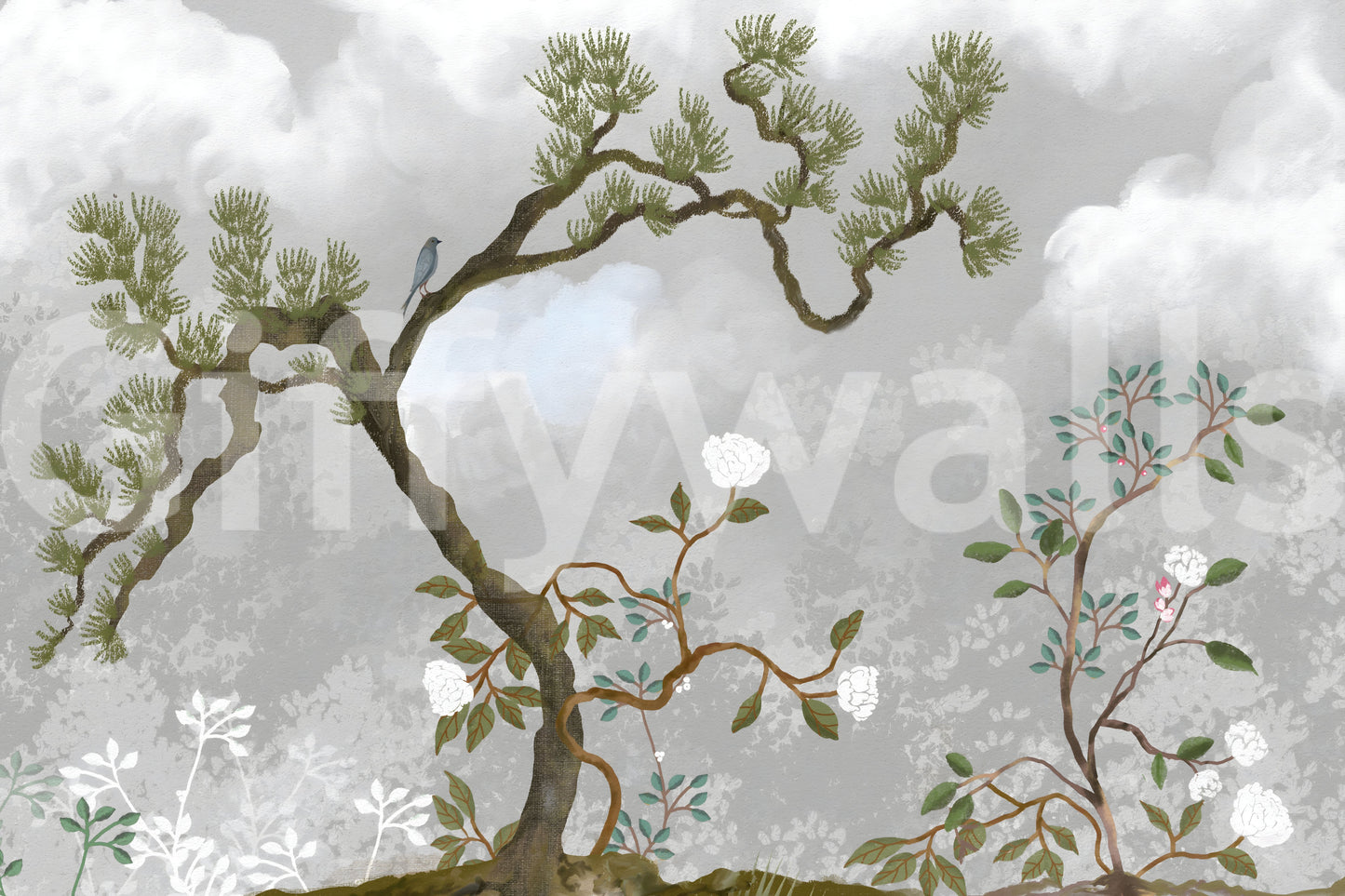 Misty Garden Bloom Chinoiserie fyrretræ hvide blomster vægmaleri