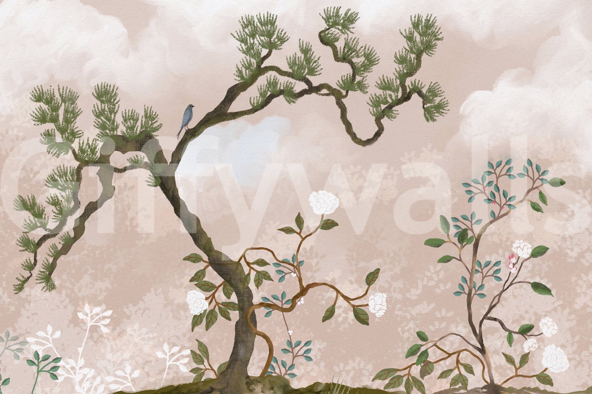Faded plant silhouettes float behind the main tree of this chinoiserie garden wall mural