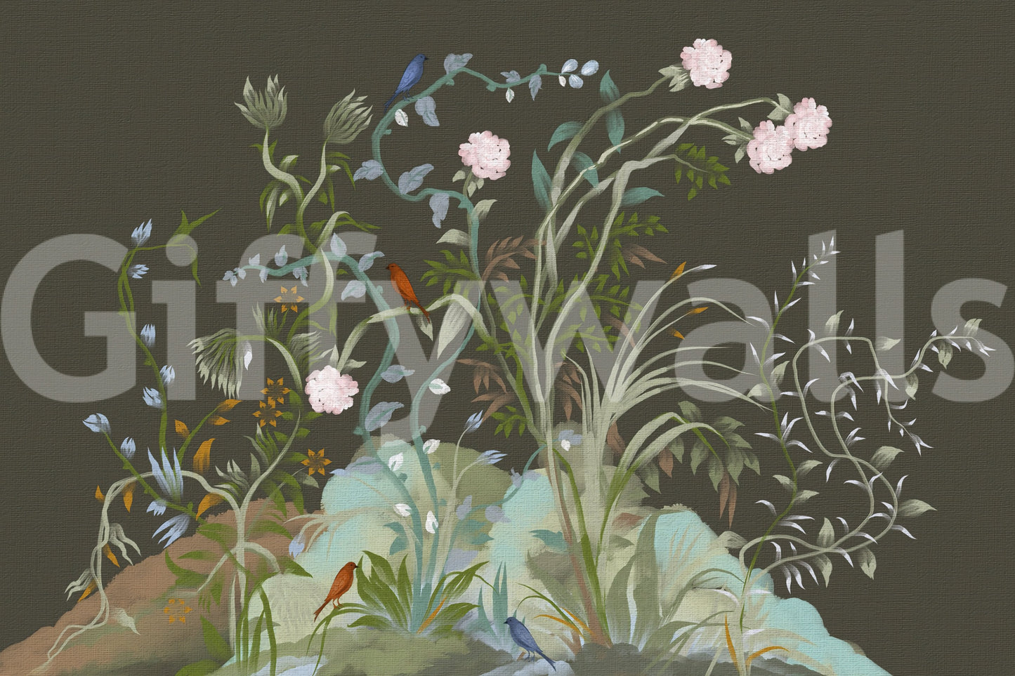 Small birds in red and blue pause within the dense chinoiserie wall mural scene