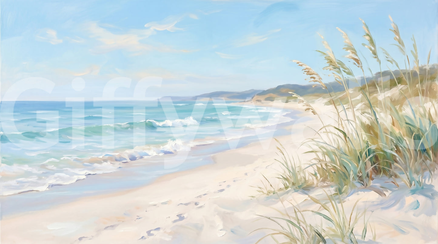 Wispy clouds drift over an aqua sea within the Serene Canvas wall mural top section