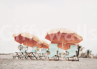 Scalloped sunshades sit closely together across the entire coastal wall mural
