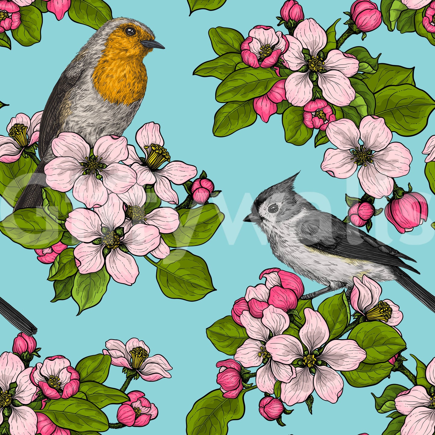 Papier peint Oiseaux et Fleurs