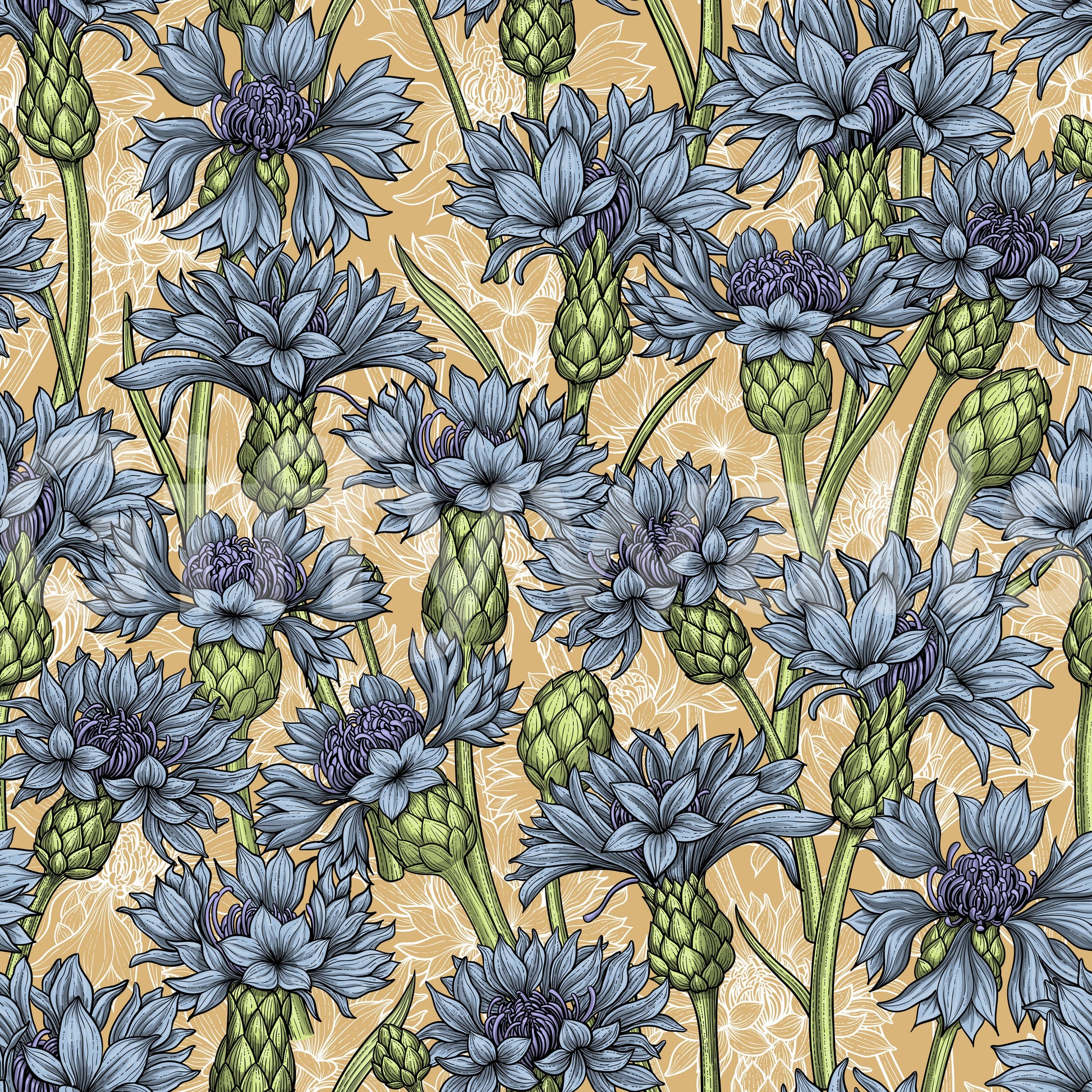 Dense blue cornflowers repeat continuously across the premium wallpaper material.