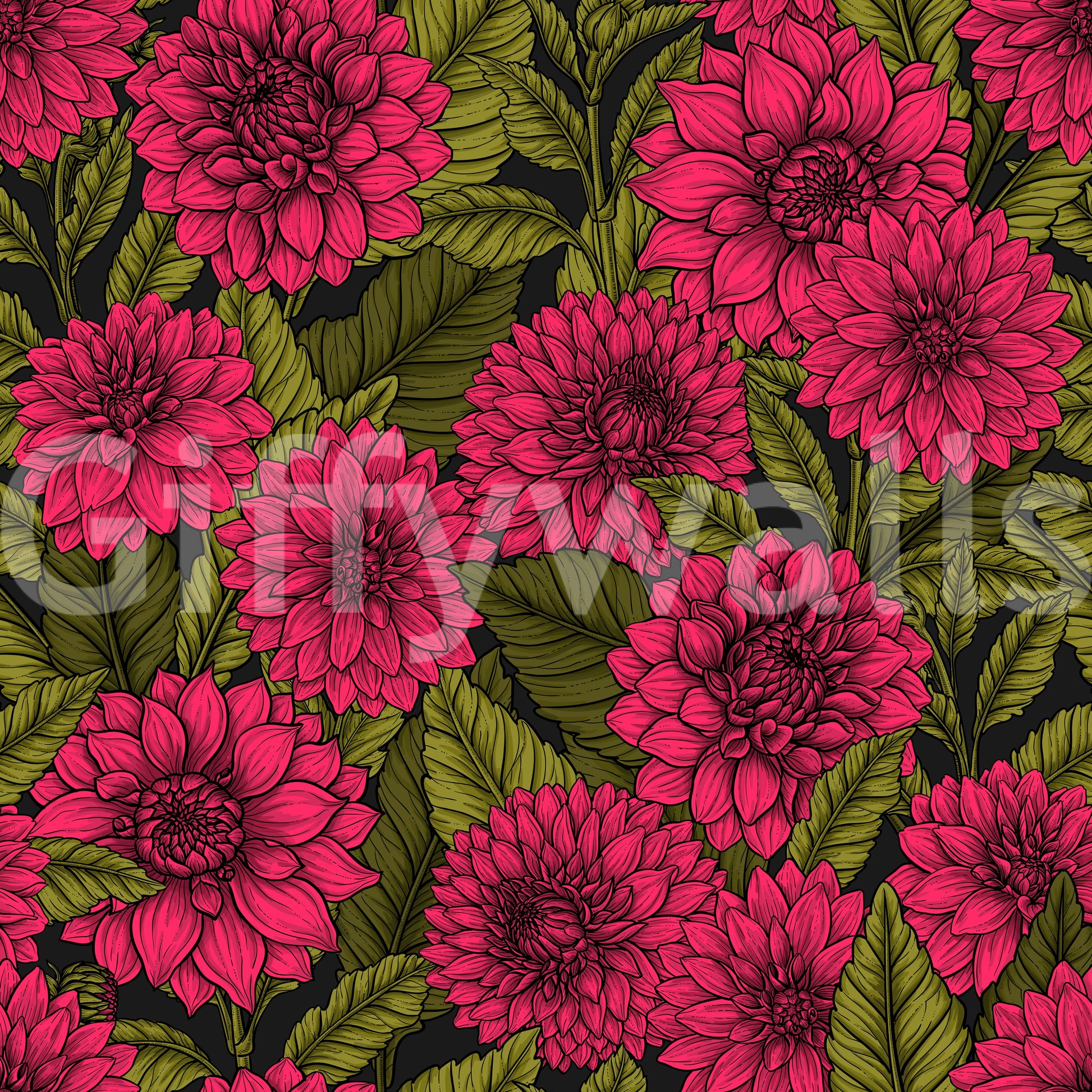 Repeating motifs establish a continuous nature theme within this dark garden wallpaper.