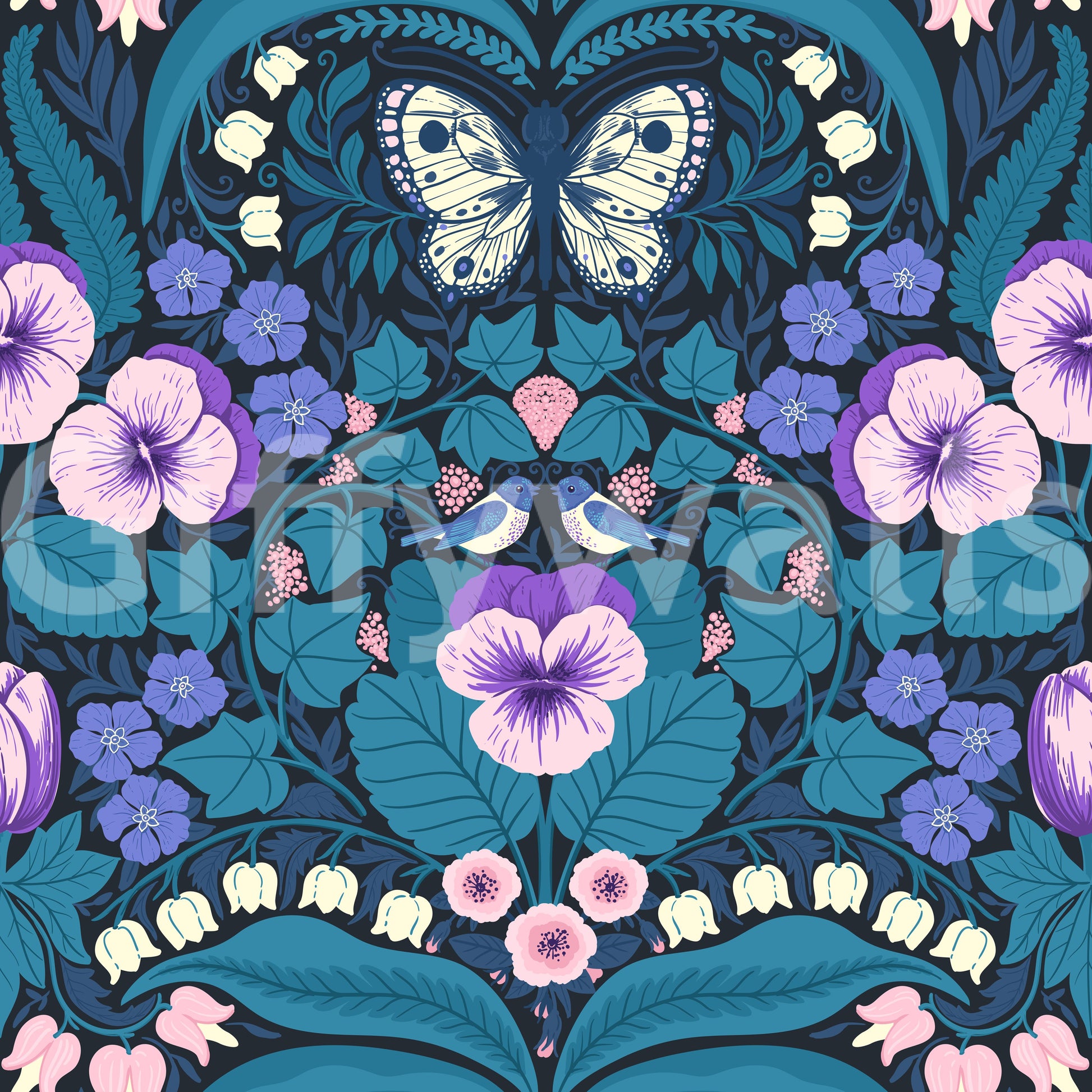 Midnight blue canvas provides intense contrast for the vibrant pansies wallpaper.