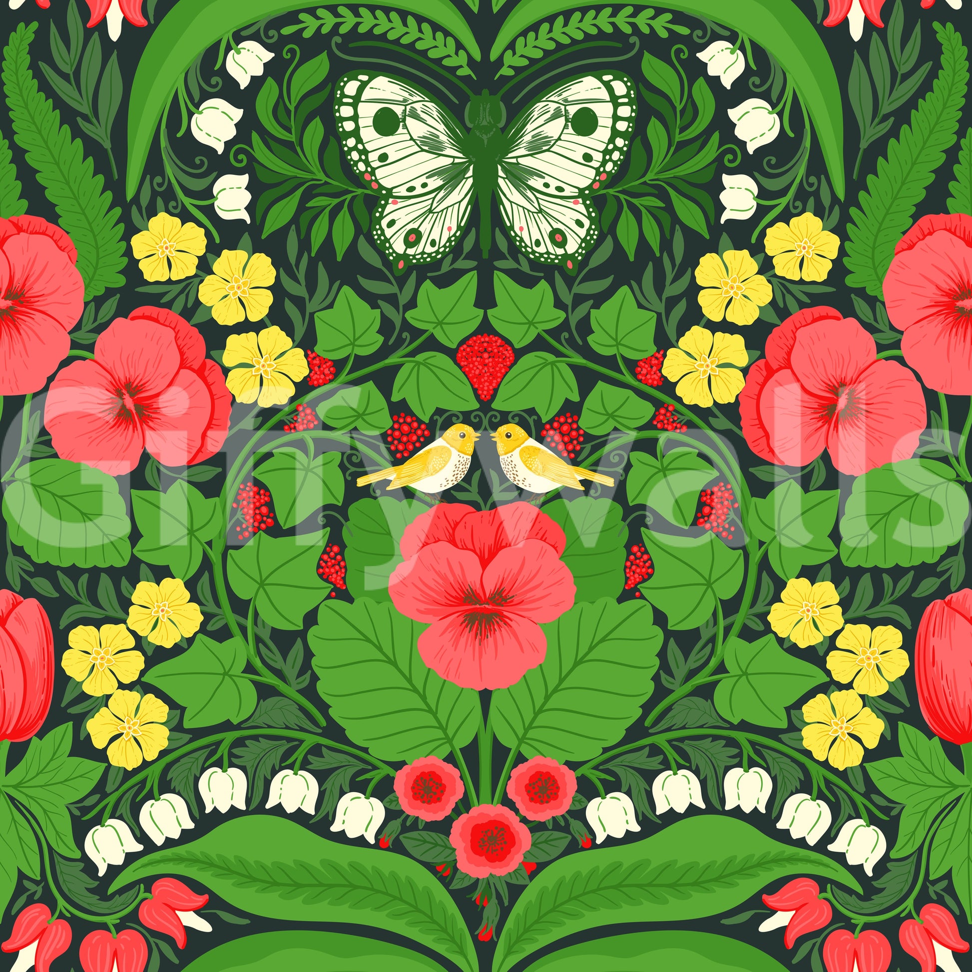 The Dollhouse garden, pansies, birds and butterflies wallpaper presents bold flora.